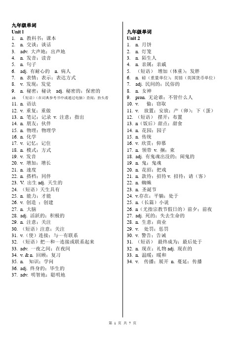 九年级英语单词默写_带词性和汉语--超级好