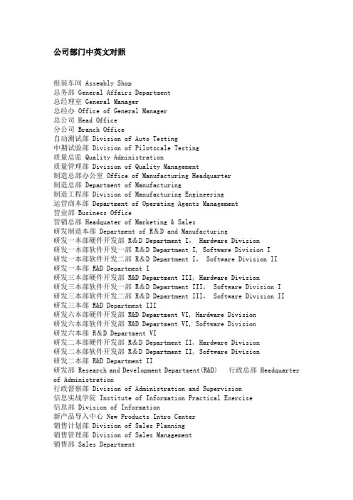 公司部门中英文对照