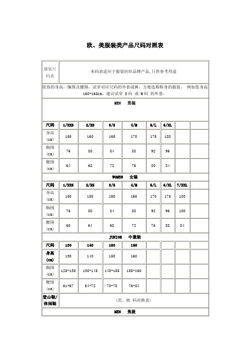 欧、美服装类产品尺码对照表