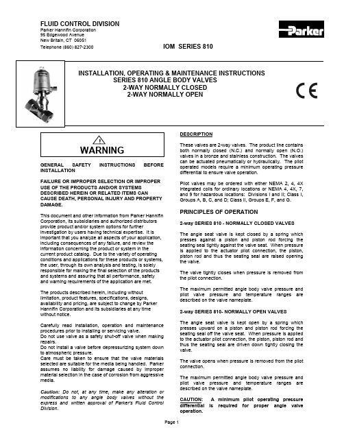 Parker Hannifin 安装、操作与维护指南 - Series 810 角度体双向阀门说明书