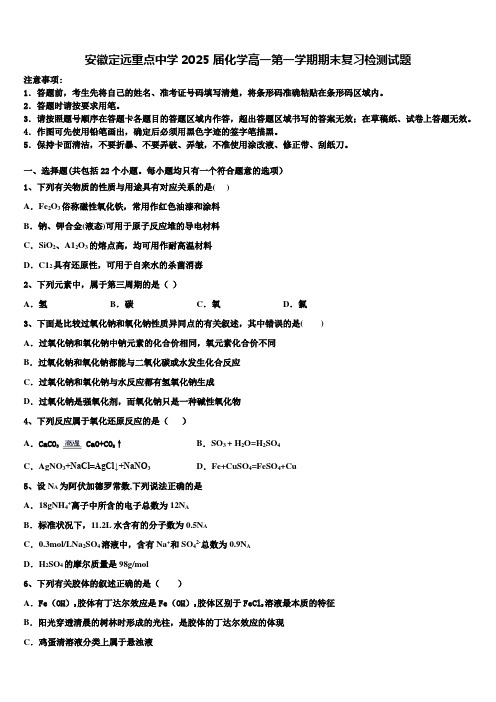 安徽定远重点中学2025届化学高一第一学期期末复习检测试题含解析