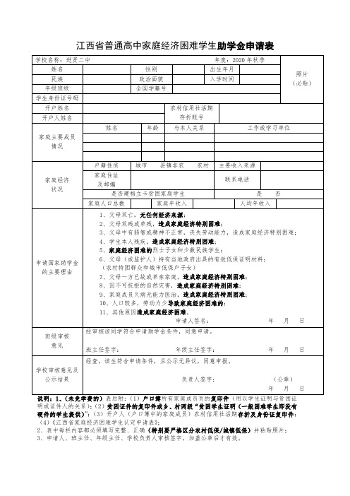 江西省普通高中家庭经济困难学生助学金申请表