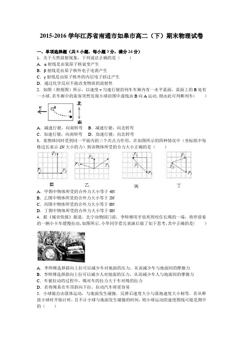 江苏省南通市如皋市2015-2016学年高二(下)期末物理试卷(解析版)