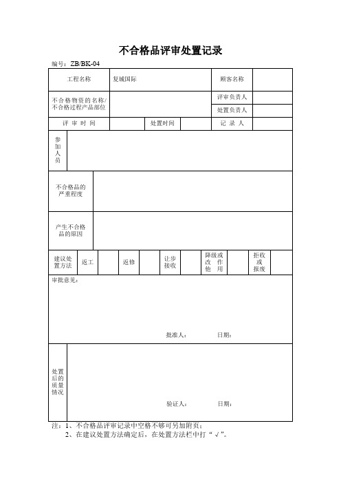 不合格品的评审处置记录 2