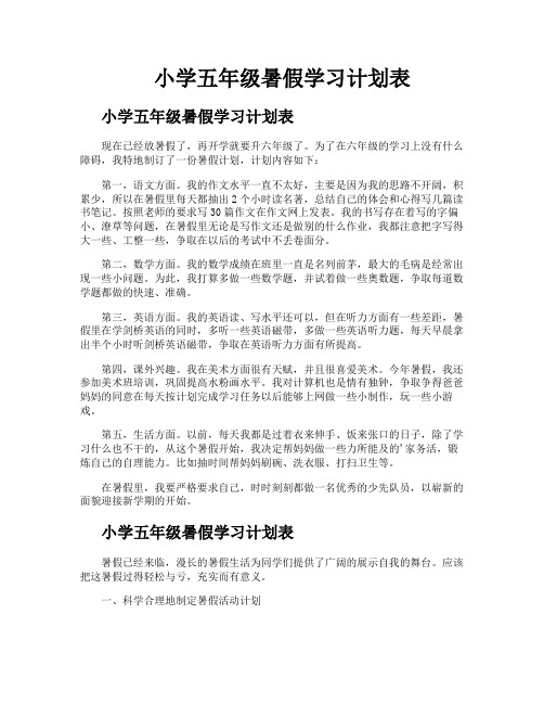 小学五年级暑假学习计划表