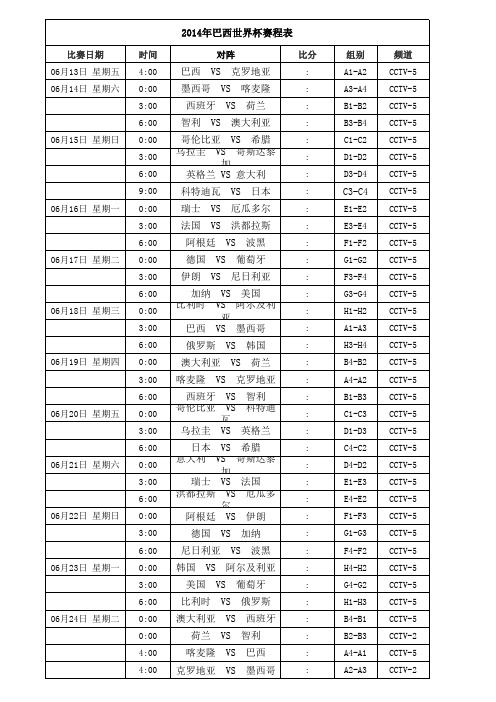 2014年巴西世界杯赛程表