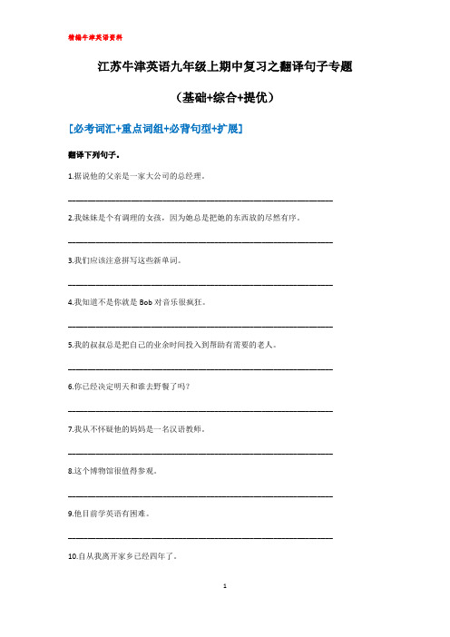 江苏牛津译林英语九年级上期中复习之翻译句子专题(含答案)