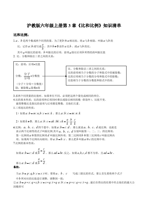 2021年上海市六年级数学期末复习-第3章《比和比例》知识清单