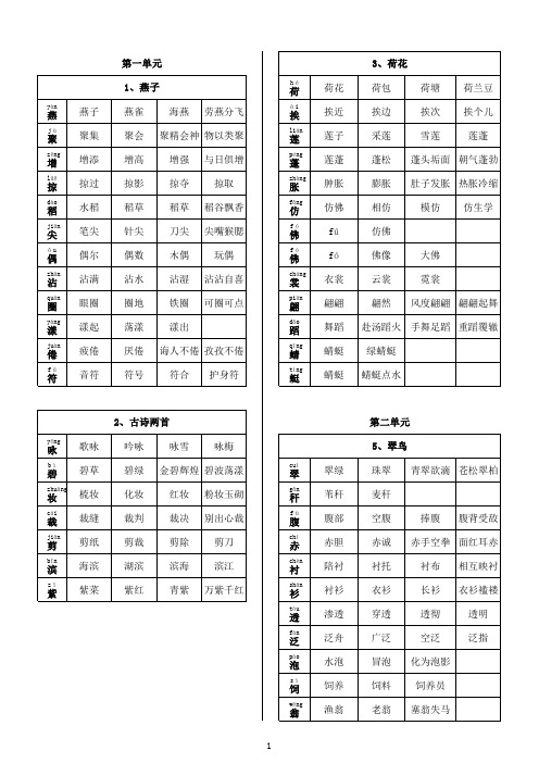 人教版三年级语文上册生字带拼音组词