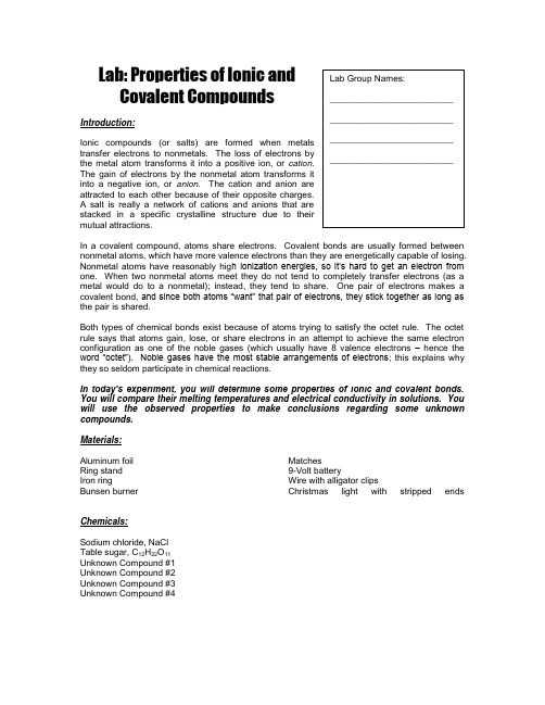 Properties of Ionic and Covalent Compounds