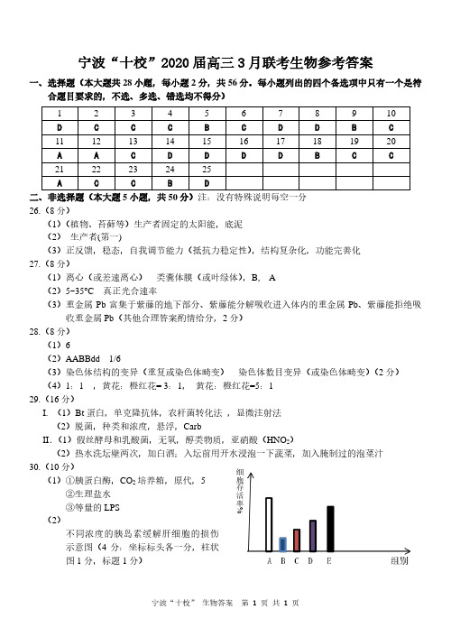 2020年3月浙江省学考选考高2020届高2017级高三宁波十校联考生物试题参考答案