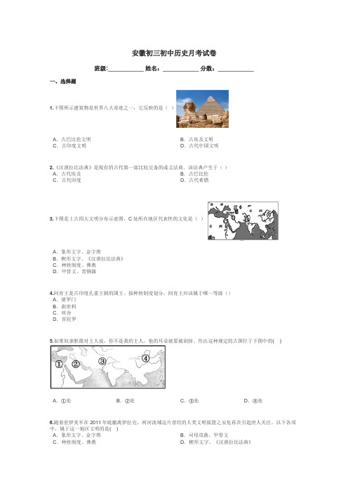 安徽初三初中历史月考试卷带答案解析
