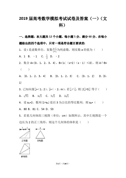 2019届高考数学模拟考试试卷及答案(文科)(一)