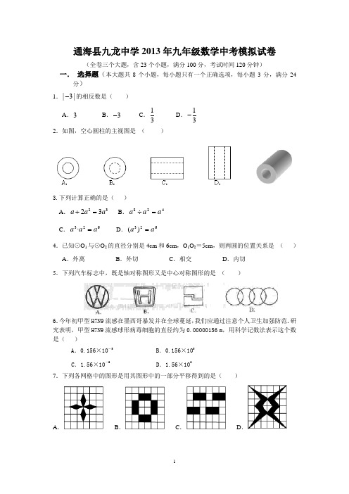 2013年云南省通海县九龙中学九年级数学模拟试题