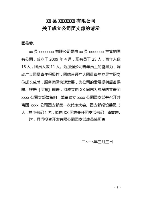 关于成立公司团支部的请示