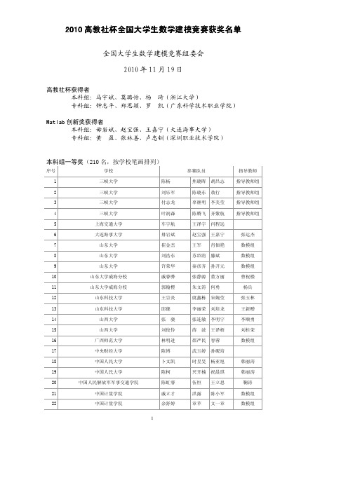 2010高教社杯全国大学生数学建模竞赛获奖名单(正式稿)