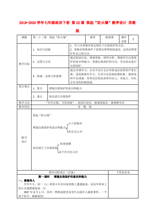 2019-2020学年七年级政治下册 第22课 筑起“防火墙”教学设计 苏教版.doc