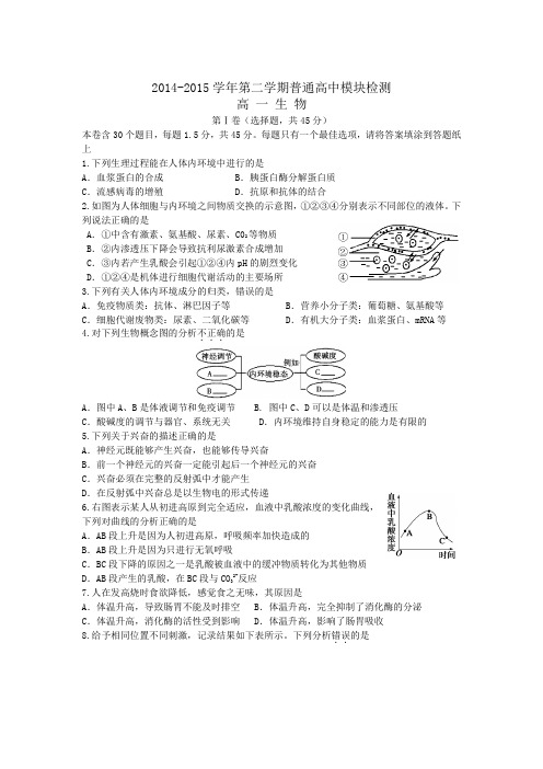 山东省潍坊市五县2014-2015学年高一下学期期中联合考试生物试题(附答案)