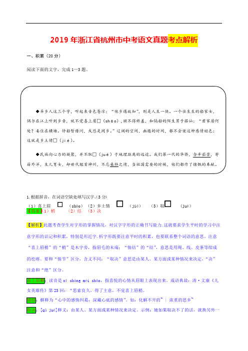 2019年浙江省杭州市中考语文真题考点解析