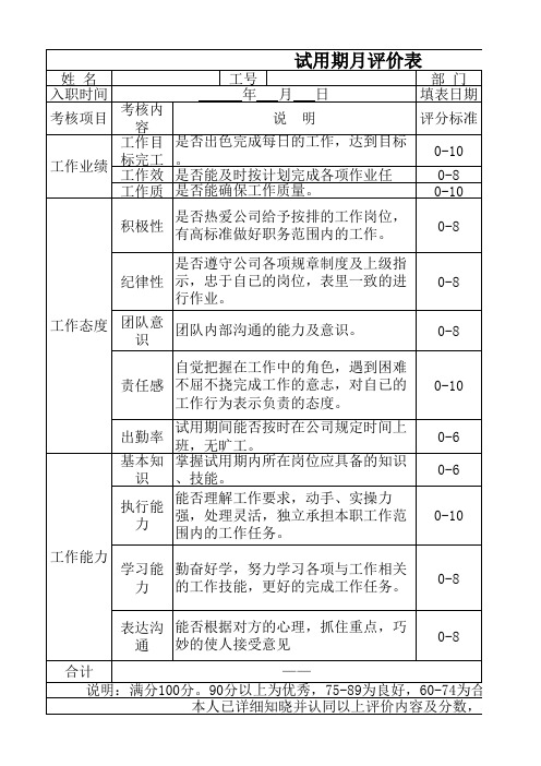 试用期月评价表