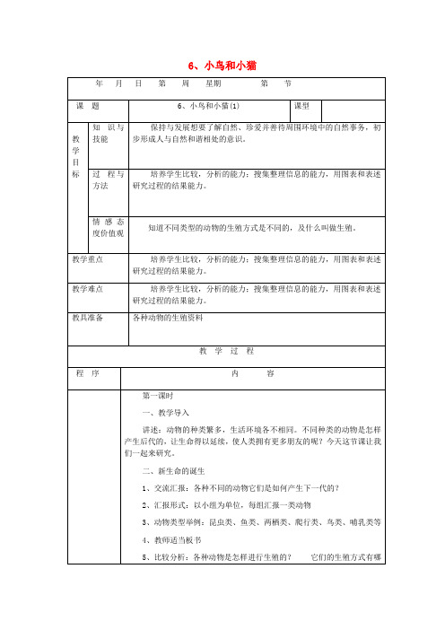 五年级科学下册 第6课《小鸟和小猫》教案 冀教版