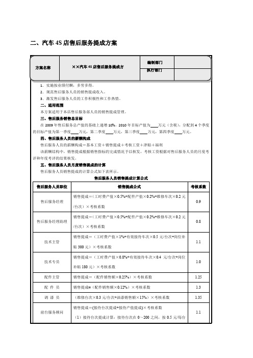 汽车4S店售后服务提成方案