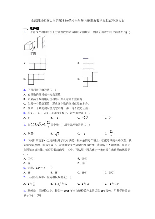 成都四川师范大学附属实验学校七年级上册期末数学模拟试卷及答案