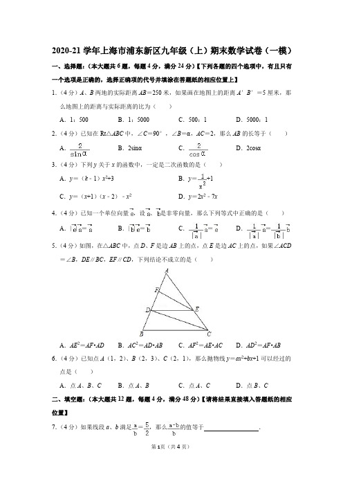 2020-2021学年上海市浦东新区九年级(上)期末数学试卷及参考答案