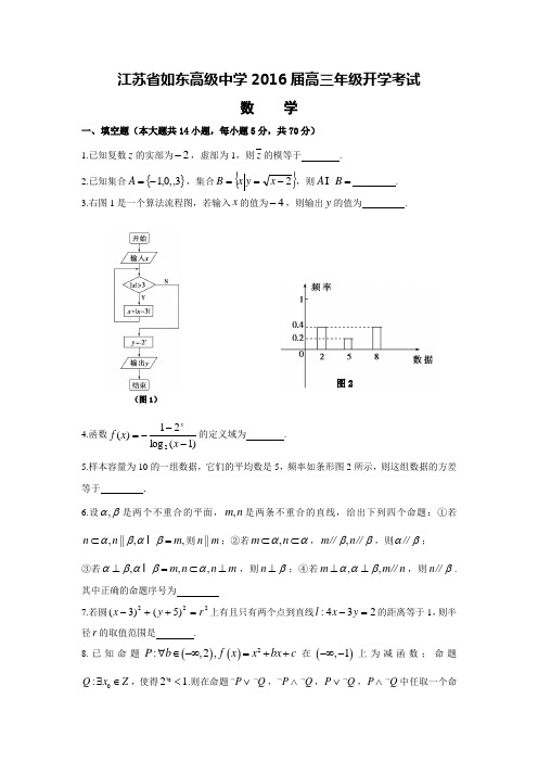 江苏省如东高级中学2016届高三年级开学期初考试数学试题 Word版含答案