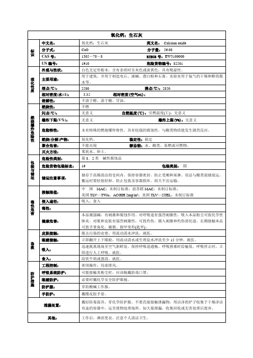 氧化钙(生石灰)化学品安全技术说明书MSDS