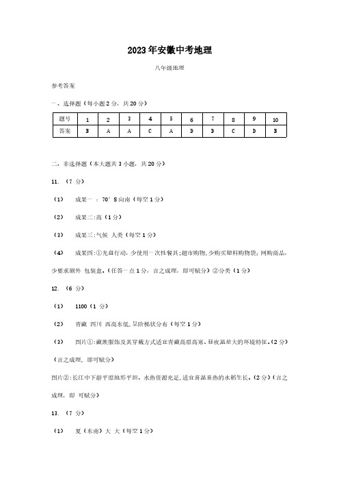 2023年安徽省中考地理答案