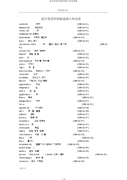 高中英语外研版必修六单词表格