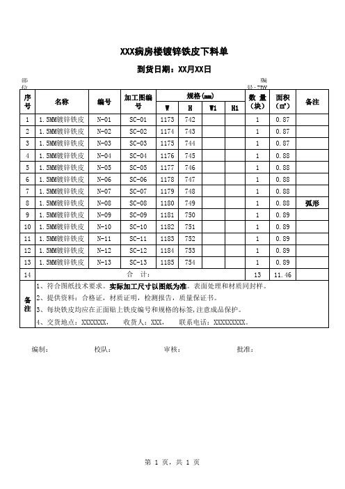 镀锌铁皮下料单模板