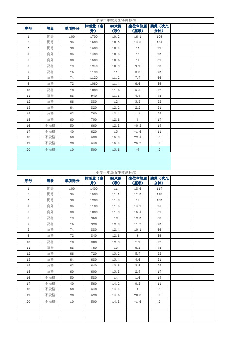 小学生体测标准 