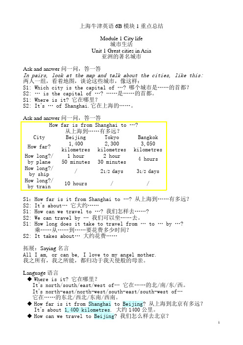 上海牛津英语6BM1重点总结