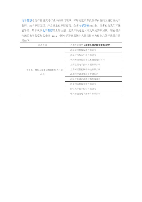 中国电子警察系统十大最具影响力行业品牌  