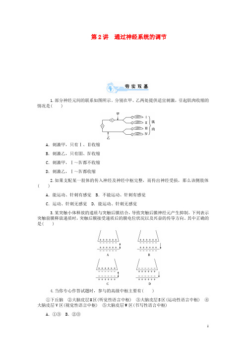 高考生物第一轮总复习(夯实双基+拓展提升)第2讲 通过神经系统的调节双基训练 新人教版必修3