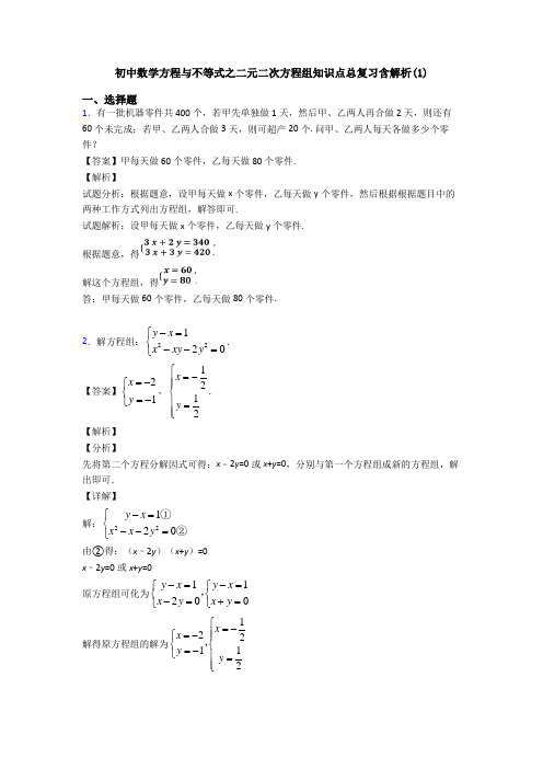 初中数学方程与不等式之二元二次方程组知识点总复习含解析(1)