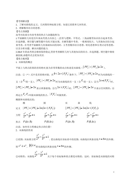 高考数学一轮复习精品教学案8.6 双曲线(学生版) 新人教版