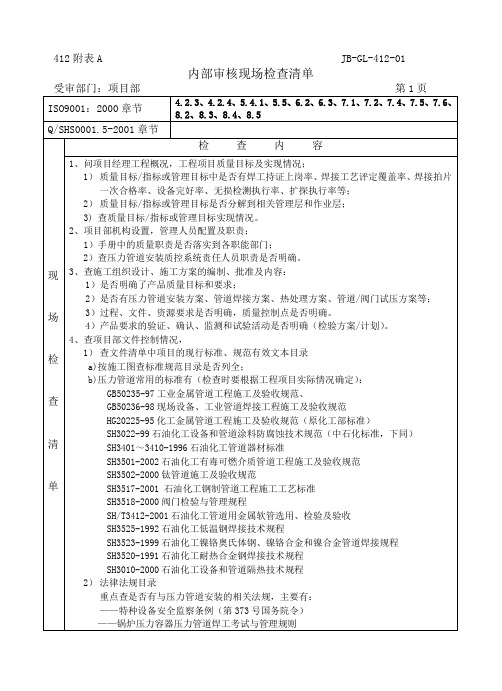 压力管道内部审核现场检查表(祥细)