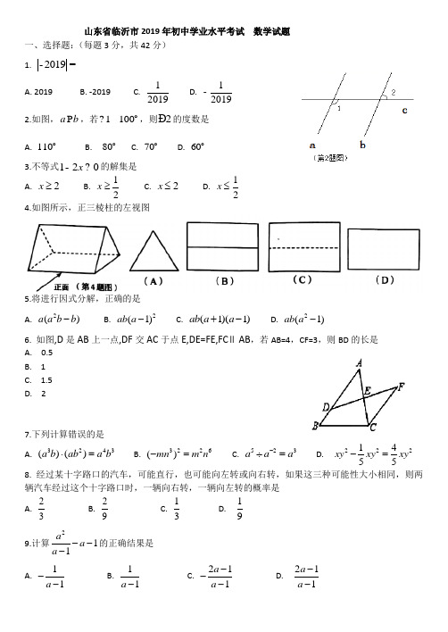 2019年山东省临沂市中考数学试题(word版,无答案)