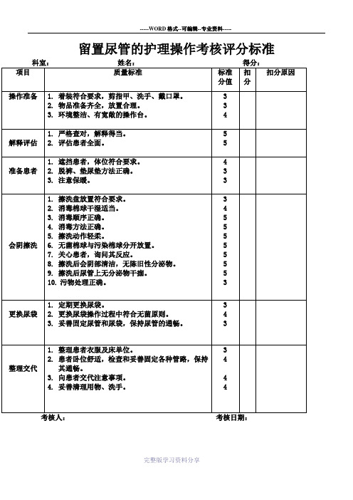 留置尿管的护理操作考核评分标准