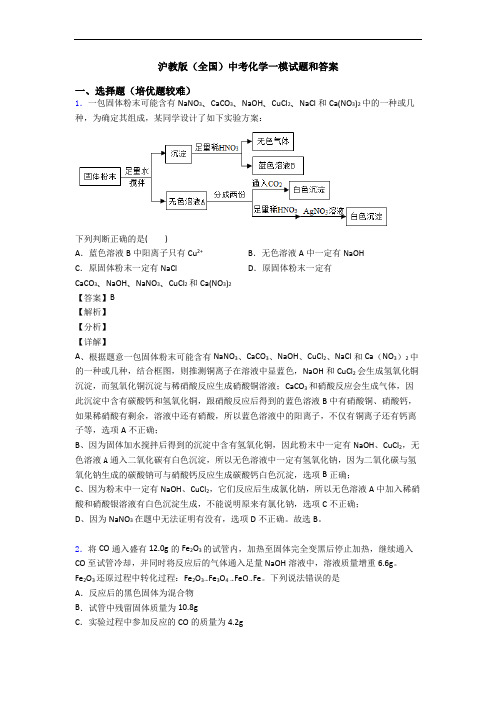 沪教版(全国)中考化学一模试题和答案