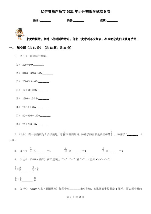 辽宁省葫芦岛市2021年小升初数学试卷D卷