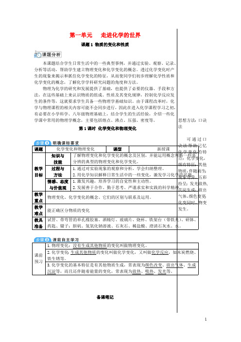 2018_2019学年九年级化学上册第一单元走进化学世界课题1物质的变化和性质第1课时化学变化和物