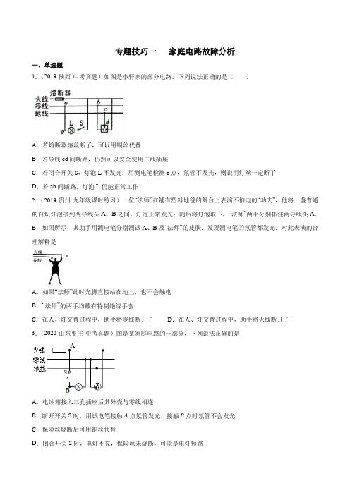 专题技巧一 家庭电路故障分析-九年级物理上《电