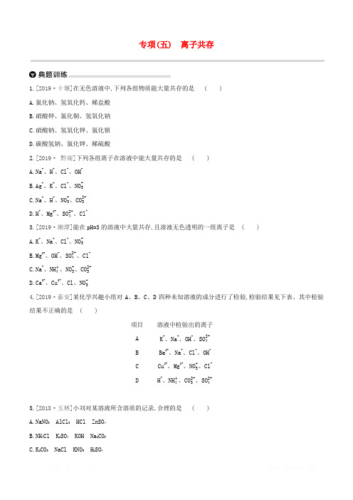 山西专版2020年中考化学复习方案专项05离子共存试题