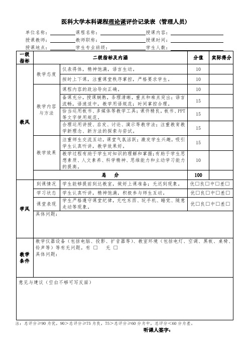 医科大学本科课程理论课评价记录表