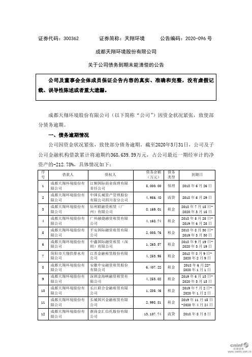 天翔环境：关于公司债务到期未能清偿的公告