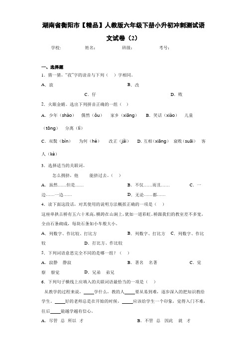 人教版六年级下册小升初冲刺测试语文试卷(2)(含答案解析)